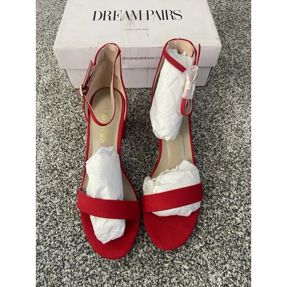Women's Dream Pairs Red Strappy Sandals Block Heel Faux Suede Size 7 - Picture 3 of 6